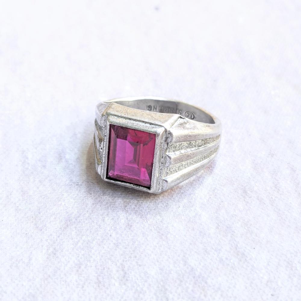 Vintage Sterling Silver Ring Red Label Ruby 9 Fac… - image 1